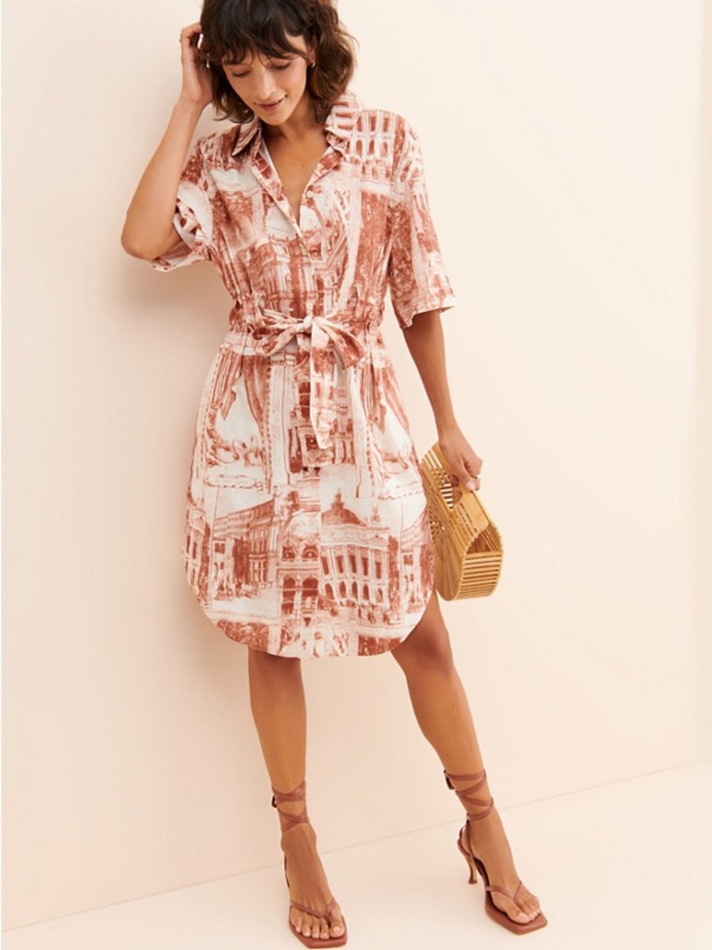 Tie-Waist Midi Shirt Dress in Rust Print